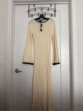 Fashion Nova Cream Ribbed Maxi Dress with Black Trim